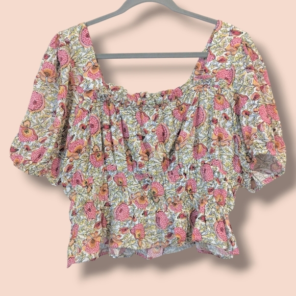 Cynthia Rowley Pink Floral Ruffle Puff Sleeve Cropped Top Feminine Cottagecore - Picture 1 of 8